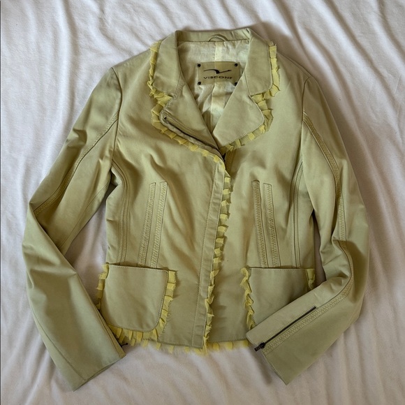 Visconf Italian leather moto jacket silk trim soft sage green EUC size M - Picture 3 of 16